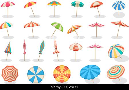 Ombrelli. Colorate diverse vedute degli ombrelloni da spiaggia per proteggere il sole. Recente set di cartoni vettoriali isolato Illustrazione Vettoriale