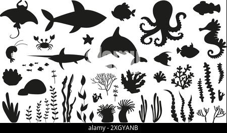 Silhouette nere subacquee. Alghe pesci e animali marini. Sagoma del cavalluccio marino, squalo delfino, granchio di polpo. Piante oceaniche, clipart vettoriale Illustrazione Vettoriale