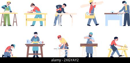 Caratteri di falegname piatti. Uomini che lavorano nell'industria del legno. Falegnami e falegnami di cartoni animati al lavoro. Artigiano nell'officina di falegnameria, set vettoriale recente Illustrazione Vettoriale