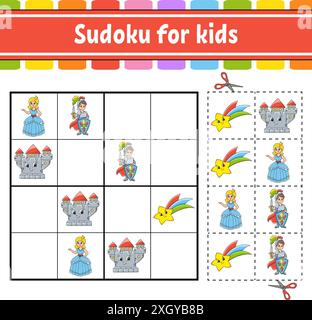 Sudoku per bambini. Tema fiabesco. Foglio di lavoro per lo sviluppo dell'istruzione. Pagina attività con immagini. Gioco di puzzle per bambini. Illustrazione vettoriale isolata. Illustrazione Vettoriale