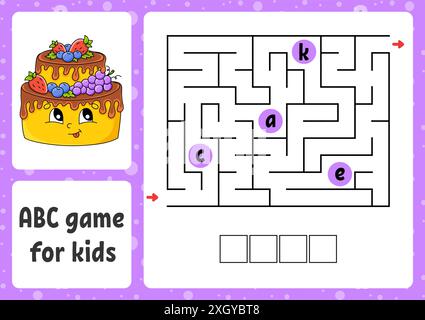 Labirinto ABC per bambini. Labirinto rettangolare. Foglio di lavoro attività. Puzzle per bambini. Stile cartone animato. Tamburo di stampa logico. Illustrazione vettoriale a colori. Illustrazione Vettoriale