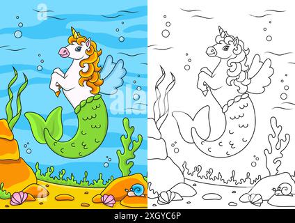 Simpatico unicorno sirena. Cavallo magico da favola. Pagina di libri da colorare per bambini. Stile cartoni animati. Illustrazione vettoriale isolata su sfondo bianco. Illustrazione Vettoriale
