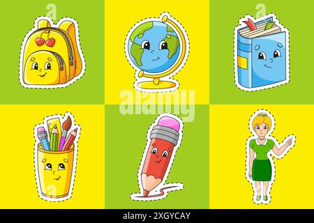 Adesivo con contorno. Personaggio cartoon. Illustrazione vettoriale colorata. Isolato su sfondo colorato. Modello per il tuo progetto. Torna al tema della scuola. Illustrazione Vettoriale