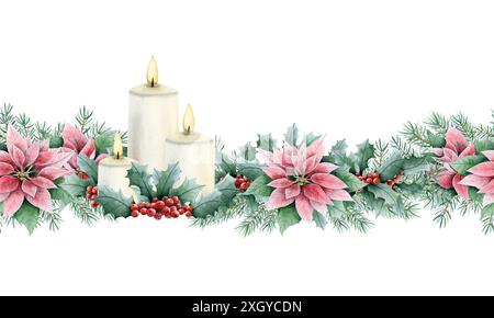 Natale senza cuciture con candele, frutti di bosco rossi e fiori di punta. Acquerello sfondo ad acquerello senza fine per festeggiare l'anno nuovo Foto Stock