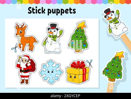 Marionette attaccate. Gioco di attività per bambini. Personaggi carini. Stile cartoni animati. Tema di Natale. Illustrazione vettoriale dei colori. Illustrazione Vettoriale