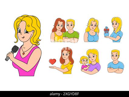 Set di adesivi colorati per bambini. Simpatici personaggi cartoni animati. Illustrazione vettoriale isolata su sfondo bianco. Illustrazione Vettoriale