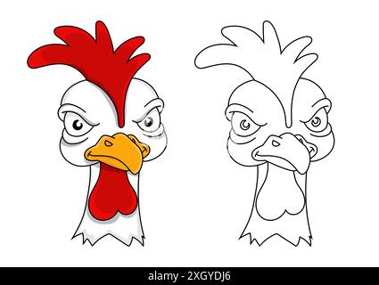 Gallo arrabbiato. Libro da colorare per bambini. Avicolo dispiaciuto. Mascotte di squadra. Stile cartoon. Illustrazione vettoriale colorata. Illustrazione Vettoriale