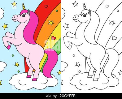 Libro da colorare per bambini. Il magico unicorno è cresciuto. Il cavallo animale sta sulle zampe posteriori. Stile cartoni animati. Semplice illustrazione vettoriale piatta. Illustrazione Vettoriale