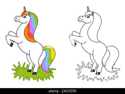 Libro da colorare per bambini. Il magico unicorno è cresciuto. Il cavallo animale sta sulle zampe posteriori. Stile cartoni animati. Semplice illustrazione vettoriale piatta. Illustrazione Vettoriale