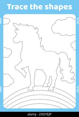 Un simpatico unicorno. Cavallo magico da favola. Traccia e colore. Pagina da colorare per bambini. Pratica di scrittura a mano. Foglio di lavoro per lo sviluppo dell'istruzione. Pagina attività. Gioco per Illustrazione Vettoriale