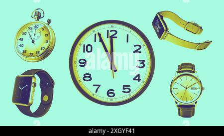 Moderno orologio dal design collage con eleganti colori verde e giallo. Illustrazione vettoriale Illustrazione Vettoriale