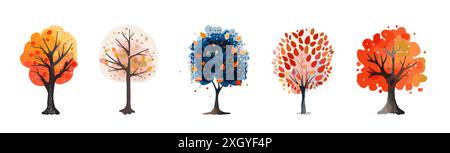 Alberi autunnali e invernali. Acquerello disegnato a mano. Illustrazione vettoriale. Cartone animato isolato Illustrazione Vettoriale