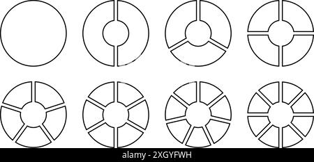 Set di icone infografiche divisione cerchio. Grafico a torta diviso 6,7,8 parti uguali. Schema rotondo della pizza o della ciambella. Segmento e frazione della ruota infografica Illustrazione Vettoriale