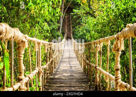 Incredibile e semplice ponte sospeso sulla gola. Ponte pedonale panoramico in corda e bambù. Bellissimo ponte sospeso tra boschi verdi. Foto Stock