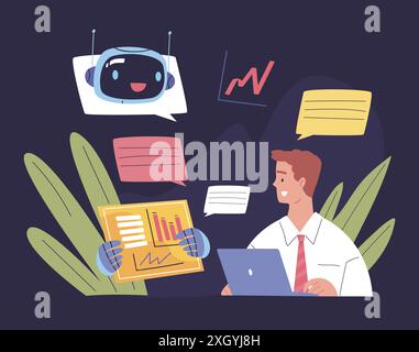 Dialogo con i clienti chatbot. Un lavoratore o uno sviluppatore che chattano con l'assistente ai bot android conversazione online supporto chat messaggio comunicazione tecnologia illustrazione vettoriale Illustrazione Vettoriale