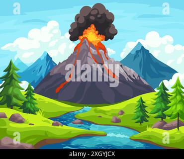 Paesaggio eruttivo vulcanico. Vulcani in eruzione sullo sfondo dei cartoni animati, scena apocalisse preistorica eruzioni vulcaniche attive di lava di montagna cielo nuvola di cenere, ingegnosa illustrazione vettoriale Illustrazione Vettoriale