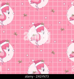 Motivo natalizio senza cuciture con simpatico fenicottero in cappello di Babbo Natale su sfondo rosa a scacchi. Fantastico personaggio dei cartoni animati Kawaii per le feste natalizie. Illus vettoriale Illustrazione Vettoriale