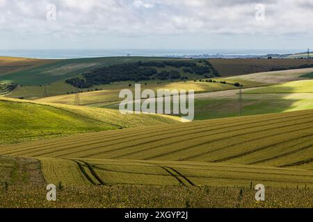 Affacciato su ondulate fattorie a South Downs vicino a Fulking Hill, verso la costa del Sussex Foto Stock