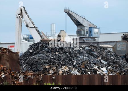 Kraene verladen Schrott im Dortmunder Hafen, Dortmund, 10.07.2024 *** Kraene caricamento rottami metallici nel porto di Dortmund, Dortmund, 10 07 2024 Foto Stock