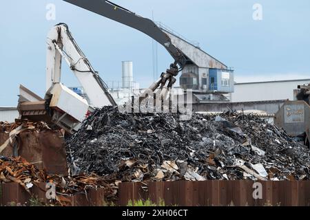 Kraene verladen Schrott im Dortmunder Hafen, Dortmund, 10.07.2024 *** Kraene caricamento rottami metallici nel porto di Dortmund, Dortmund, 10 07 2024 Foto Stock