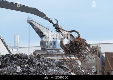 Kraene verladen Schrott im Dortmunder Hafen, Dortmund, 10.07.2024 *** Kraene caricamento rottami metallici nel porto di Dortmund, Dortmund, 10 07 2024 Foto Stock