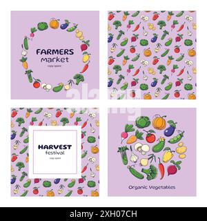 Mercato agricolo, modelli per festival del raccolto, set di volantini. Verdure biologiche con struttura rotonda. Raccolta autunnale con telaio rotondo e verdure. Illustrazione vettoriale. Bordo del cerchio, spazio di copia, motivo Illustrazione Vettoriale