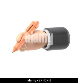 Icona movimento cartoni animati Mockup. La mano regge una penna. Una mano con un soggetto da ufficio in stile 3D, rendering 3D su sfondo bianco. Foto Stock