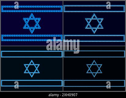 Bandiere israeliane su uno sfondo buio e lutto. Simboli di Israele basati sul triangolo di Penrose. Base monolitica di simboli israeliani basati su fig. Insolita Illustrazione Vettoriale