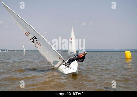 Golubac, Serbia: Una scena della regata in barca a vela di classe laser sul Danubio (9 giugno 2024) Foto Stock