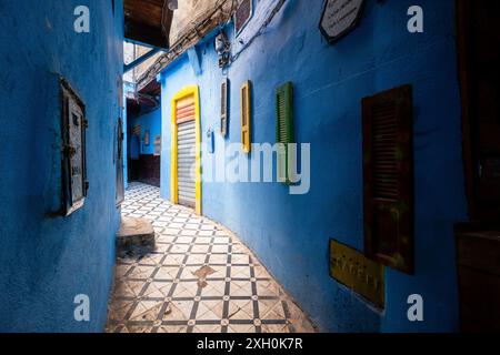 La luce del giorno entra dall'alto in un bellissimo vicolo blu e multicolore pieno di vita nella città di Fez in Marocco. Nord Africa Foto Stock