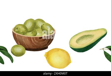 Bordo senza cuciture con limone, avocado e ciotola con olive verdi. Illustrazione acquerello isolata su sfondo bianco. Per schede, design, tessuto, texti Foto Stock