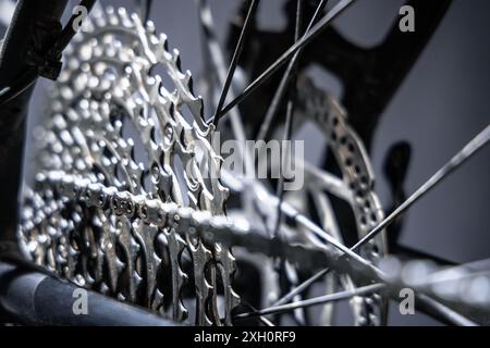 Primo piano della cassetta e della catena dell'ingranaggio della bicicletta Foto Stock