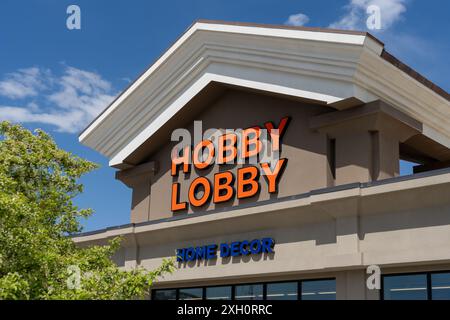 Vicino all'insegna del negozio Hobby lobby sull'edificio. West Valley City, Utah, Stati Uniti. Foto Stock