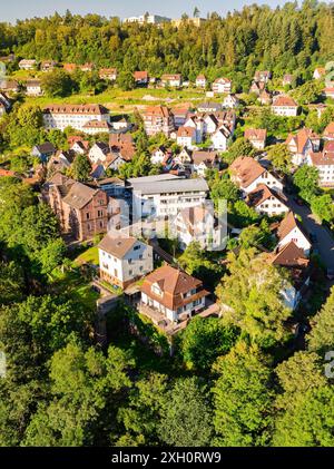 Vista aerea di una città con molte case su una collina verde circondata da vegetazione lussureggiante in una giornata di sole, Calw, Foresta Nera, Germania Foto Stock