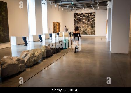 Vistor walking towrds Anselm Kiefer dipinge 'piano Morgenthau', 2012, Istanbul moderna, una galleria d'arte contemporanea, Istanbul, Turchia Foto Stock