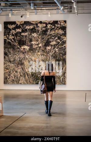 Vistor walking towrds Anselm Kiefer dipinge 'piano Morgenthau', 2012, Istanbul moderna, una galleria d'arte contemporanea, Istanbul, Turchia Foto Stock