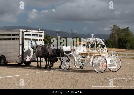 Una carrozza bianca trainata da cavalli parcheggiata accanto a un rimorchio in un campo aperto a Santa Barbara Foto Stock