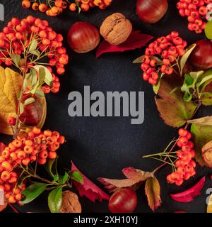 Sfondo quadrato autunnale con castagne e foglie cadenti, girato dall'alto con un posto per il testo su sfondo nero Foto Stock