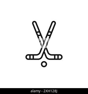 Giocatore di hockey con bastone e logo con icona a forma di rondella contorno vettoriale in bianco e nero Illustrazione Vettoriale