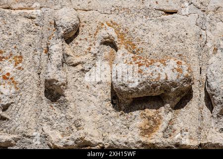 Contadino che dà da mangiare al cavallo, fregio scultoreo con calendario agricolo, Cappella di San Galindo, Chiesa parrocchiale di San Bartolome, Campisabalos Foto Stock