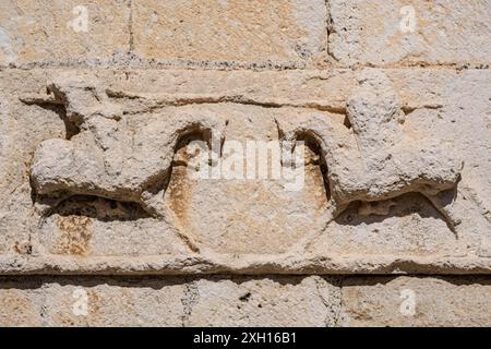 Fregio scultoreo con calendario agricolo, Cappella di San Galindo, Chiesa parrocchiale di San Bartolome, Campisabalos, Guadalajara, Spagna Foto Stock