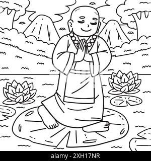 Buddha buddhista camminando sulla pagina da colorare di Lily Pad Illustrazione Vettoriale