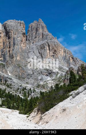 Sentiero escursionistico attraverso la valle del Vajolet fino alle Torri del Vajolet nel Catinaccio, Trentino, Italia Foto Stock