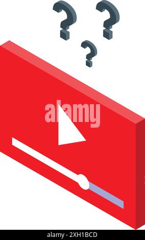 Viene visualizzato un lettore video rosso con una barra di avanzamento, diversi punti interrogativi fluttuano sopra, a simboleggiare l'incertezza nell'apprendimento online Illustrazione Vettoriale
