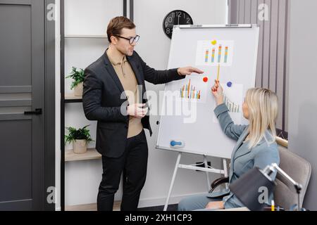 Un Business Coach sicuro offre una presentazione sulla lavagna a fogli mobili. Una giovane donna e un uomo parlano e discutono gli orari dei progetti aziendali in ufficio Foto Stock