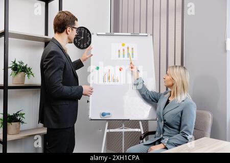 Un Business Coach sicuro offre una presentazione sulla lavagna a fogli mobili. Una giovane donna e un uomo parlano e discutono gli orari dei progetti aziendali in ufficio Foto Stock