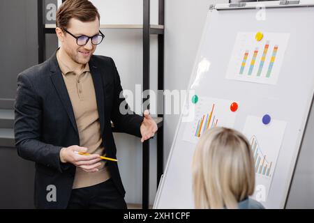 Un Business Coach sicuro offre una presentazione sulla lavagna a fogli mobili. Una giovane donna e un uomo parlano e discutono gli orari dei progetti aziendali in ufficio Foto Stock