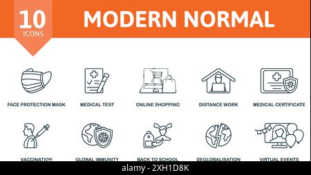 Set di icone di linea sottile normale moderna. Maschera di protezione del viso, test medico, shopping online, lavoro a distanza, certificato medico, vaccinazione, globale Illustrazione Vettoriale