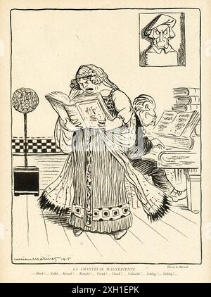 Il cantante wagneriano disegnato da Lucien Métivet pubblicato sul settimanale satirico francese 'la Baionnette' n°29, il 20 gennaio 1916. Numero speciale "Les Gretchen" (donne tedesche). Foto Stock