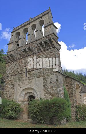 Francia, Ardèche, Pourcharesses, chiesa di Saint-Jean, pettine del campanile Foto Stock